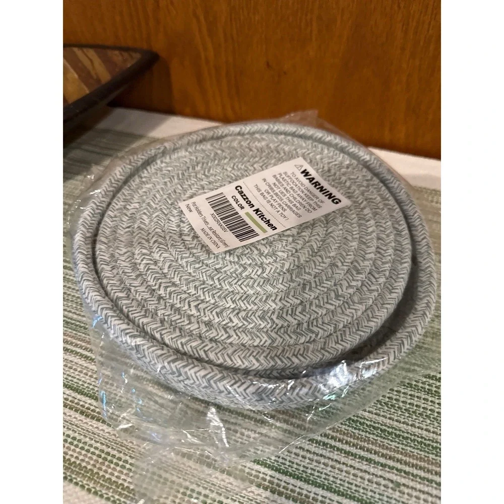 Set of 4 Woven Cotton Trivets & Holder – Green & White – New Farmhouse 7